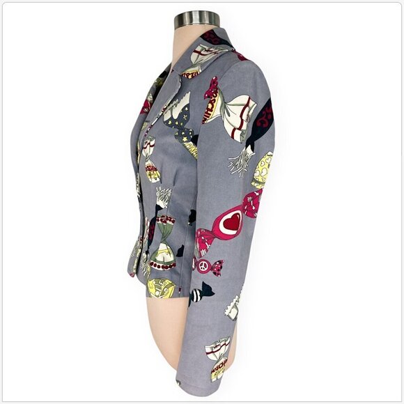 Moschino Jeans Vintage Gray Candy Wrapper Print Pattern Blazer Jacket Fitted 6 - Picture 3 of 7